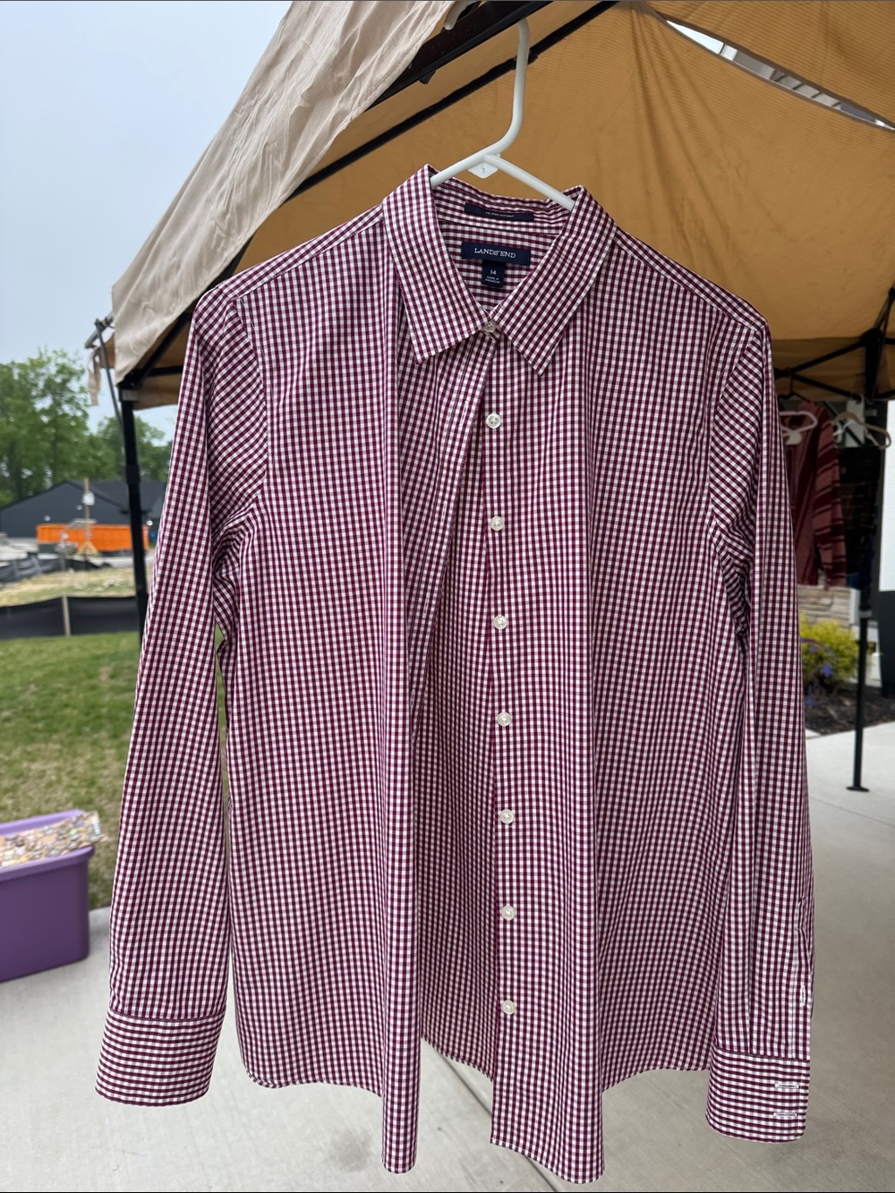 Lands' End Women’s Burgundy & White Gingham Button-Down Shirt